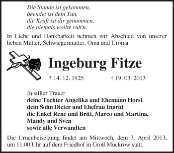 Traueranzeige von Ingeburg Fitze von Märkische Oderzeitung