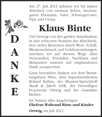 Traueranzeige von Klaus Binte von Märkische Oderzeitung