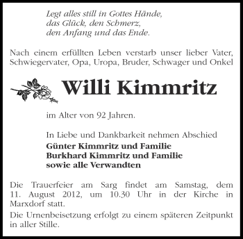 Traueranzeige von Willi Kimmritz von Märkische Oderzeitung