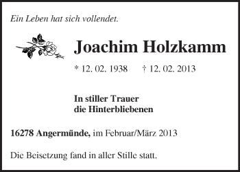 Traueranzeige von Joachim Holzkamm von Märkische Oderzeitung