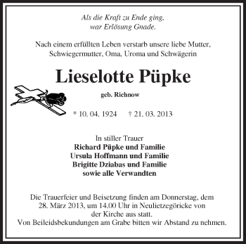 Traueranzeige von Lieselotte Püpke von Märkische Oderzeitung