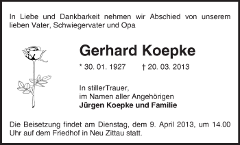 Traueranzeige von Gerhard Koepke von Märkische Oderzeitung