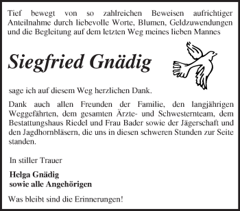 Traueranzeige von Siegfried Gnädig von Märkische Oderzeitung