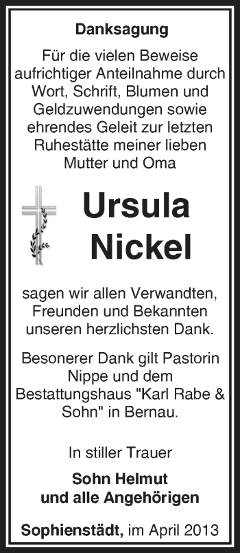 Traueranzeige von Ursula Nickel von Märkische Oderzeitung