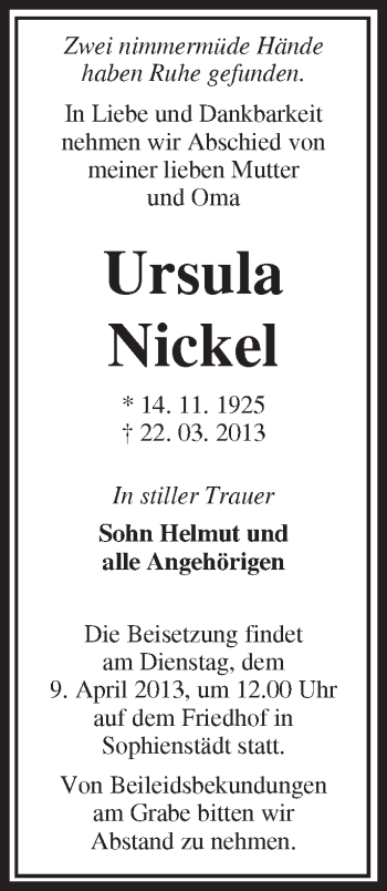 Traueranzeige von Ursula Nickel von Märkische Oderzeitung