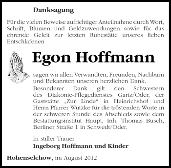 Traueranzeige von Egon Hoffmann von Märkische Oderzeitung