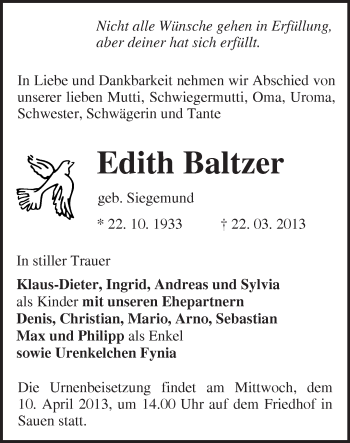 Traueranzeige von Edith Baltzer von Märkische Oderzeitung