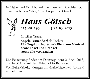 Traueranzeige von Hans Götsch von Märkische Oderzeitung