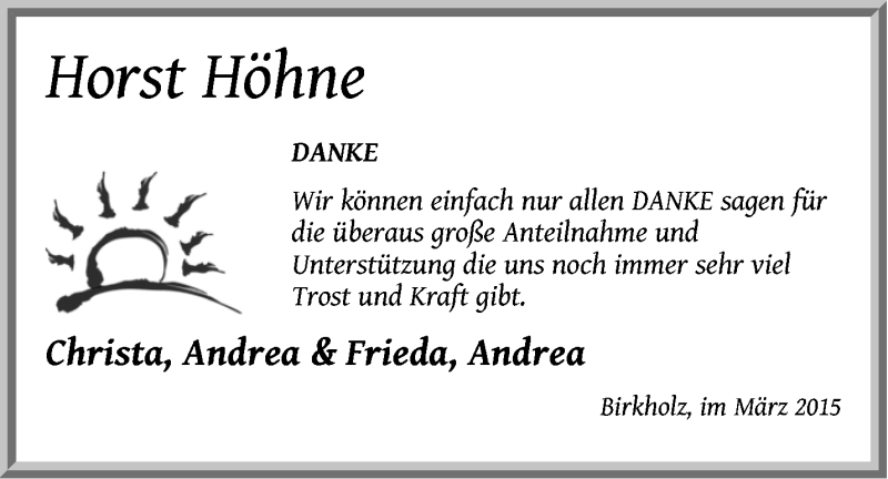  Traueranzeige für Horst Höhne vom 18.04.2015 aus Märkische Oderzeitung