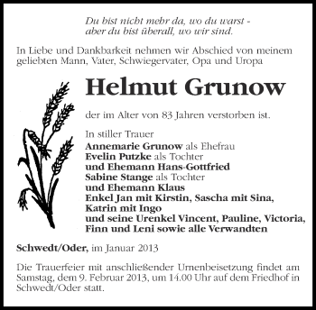 Traueranzeige von Helmut Grunow von Märkische Oderzeitung