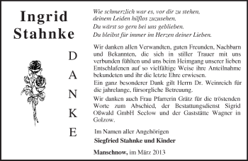 Traueranzeige von Ingrid Stahnke von Märkische Oderzeitung