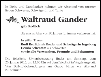 Traueranzeige von Waltraud Gander von Märkische Oderzeitung