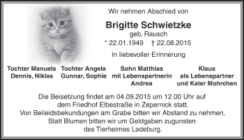 Traueranzeige von Brigitte Schwietzke von Märkische Oderzeitung