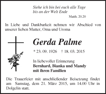 Traueranzeige von Gerda Palme von Märkische Oderzeitung