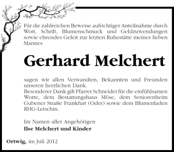 Traueranzeige von Gerhard Melchert von Märkische Oderzeitung