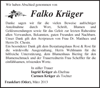 Traueranzeige von Falko Krüger von Märkische Oderzeitung