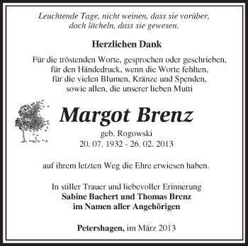 Traueranzeige von Margot Brenz von Märkische Oderzeitung