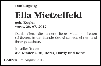 Traueranzeige von Ella Mietzelfeld von Märkische Oderzeitung