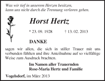 Traueranzeige von Horst Hertz von Märkische Oderzeitung