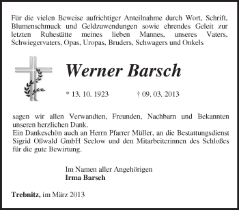 Traueranzeige von Werner Barsch von Märkische Oderzeitung