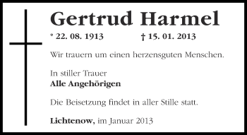 Traueranzeige von Gertrud Harmel von Märkische Oderzeitung