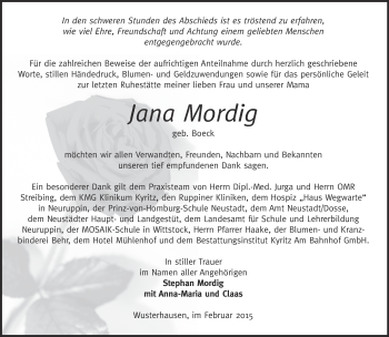 Traueranzeige von Jana Mordig von Märkische Oderzeitung