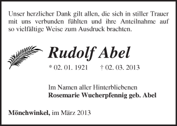 Traueranzeige von Rudolf Abel von Märkische Oderzeitung