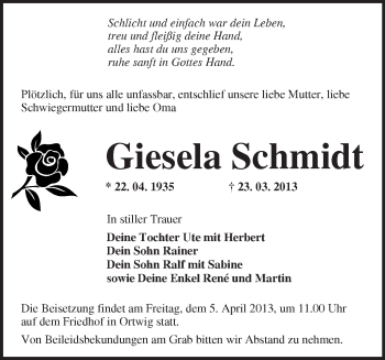 Traueranzeige von Giesela Schmidt von Märkische Oderzeitung