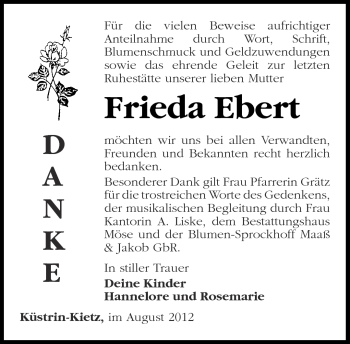 Traueranzeige von Frieda Ebert von Märkische Oderzeitung