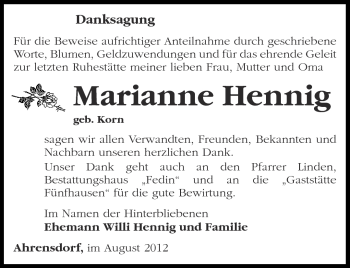 Traueranzeige von Marianne Hennig von Märkische Oderzeitung