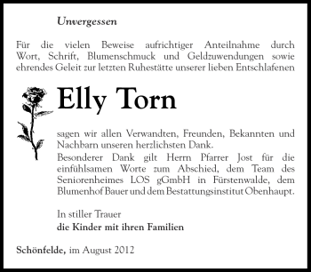 Traueranzeige von Elly Torn von Märkische Oderzeitung