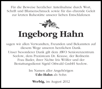 Traueranzeige von Ingeborg Hahn von Märkische Oderzeitung