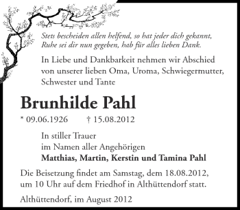 Traueranzeige von Brunhilde Pahl von Märkische Oderzeitung