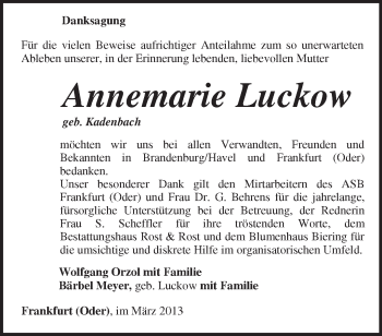 Traueranzeige von Annemarie Luckow von Märkische Oderzeitung