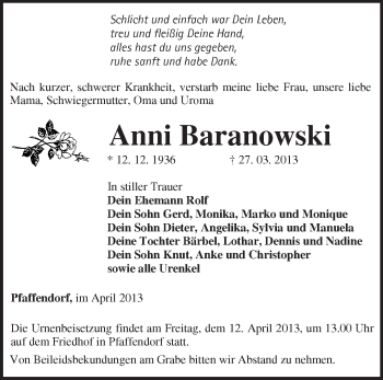 Traueranzeige von Anni Baranowski von Märkische Oderzeitung