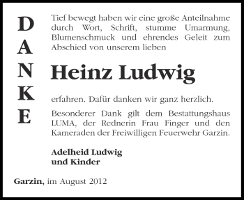 Traueranzeige von Heinz Ludwig von Märkische Oderzeitung