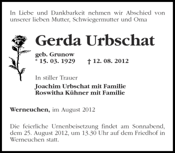 Traueranzeige von Gerda Urbschat von Märkische Oderzeitung