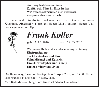 Traueranzeige von Frank Koller von Märkische Oderzeitung