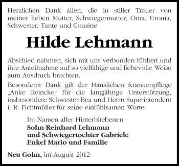 Traueranzeige von Hilde Lehmann von Märkische Oderzeitung