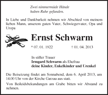 Traueranzeige von Ernst Schwarm von Märkische Oderzeitung