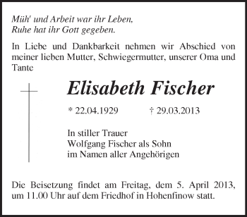 Traueranzeige von Elisabeth Fischer von Märkische Oderzeitung