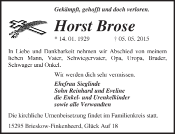 Traueranzeige von Horst Brose von Märkische Oderzeitung