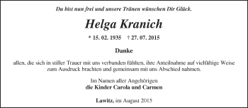 Traueranzeige von Helga Kranich von Märkische Oderzeitung