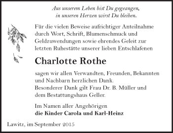 Traueranzeige von Charlotte Rothe von Märkische Oderzeitung