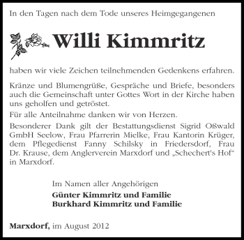 Traueranzeige von Willi Kimmritz von Märkische Oderzeitung