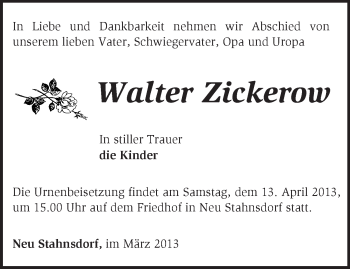 Traueranzeige von Walter Zickerow von Märkische Oderzeitung