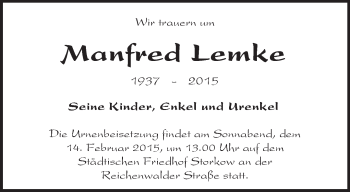 Traueranzeige von Manfred Lemke von Märkische Oderzeitung