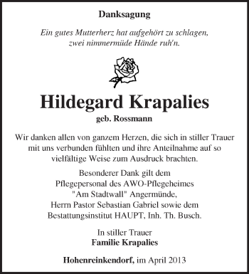 Traueranzeige von Hildegard Krapalies von Märkische Oderzeitung