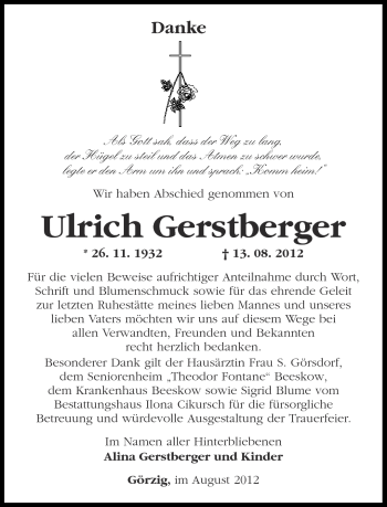 Traueranzeige von Ulrich Gerstberger von Märkische Oderzeitung