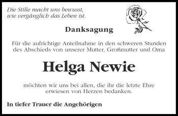 Traueranzeige von Helga Newie von Märkische Oderzeitung